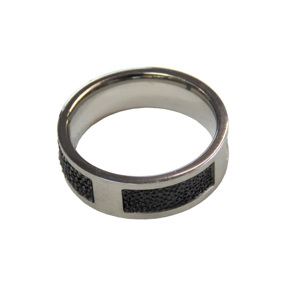 Inox Men's Satin Stainless Steel Ring with Black Textured inlay